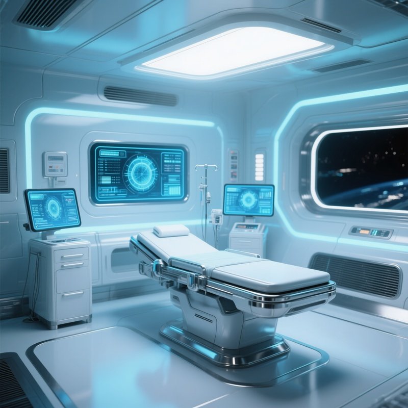 A Futuristic Medical Bay Aboard A Starship, Sterile White And Chrome Clay Surfaces, Soft Blue