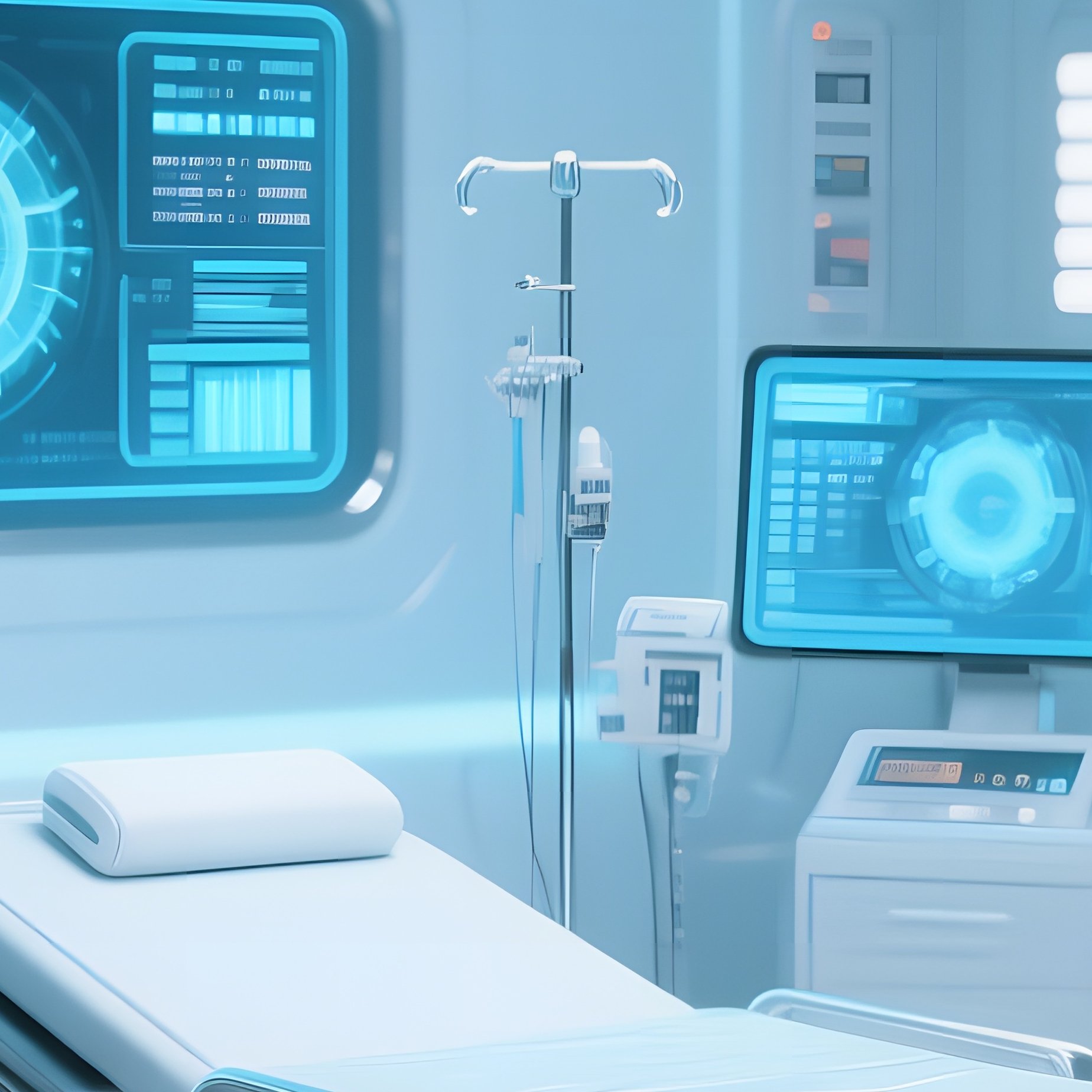 A Futuristic Medical Bay Aboard A Starship, Sterile White And Chrome Clay Surfaces, Soft Blue - Full Resolution Quality Preview