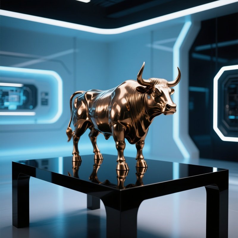 A Futuristic Minimalist Studio Scene With A Small Bronze Bull On A Reflective Black Table