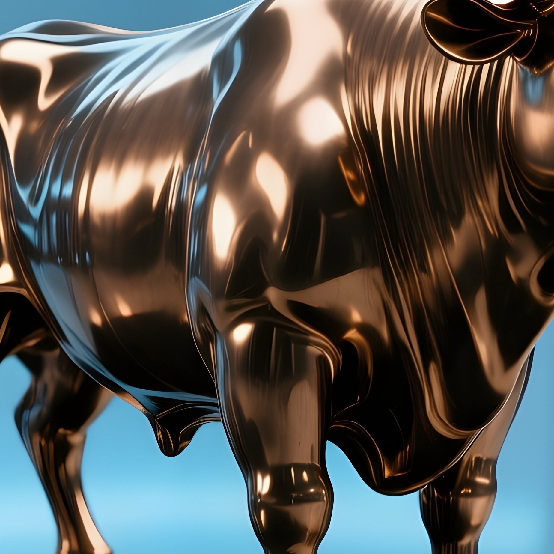 A Futuristic Minimalist Studio Scene With A Small Bronze Bull On A Reflective Black Table - Full Resolution Quality Preview