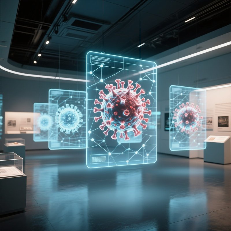 A Futuristic Museum Exhibit Hall With Floating Holographic Displays, Each Showing An Evolving 3D