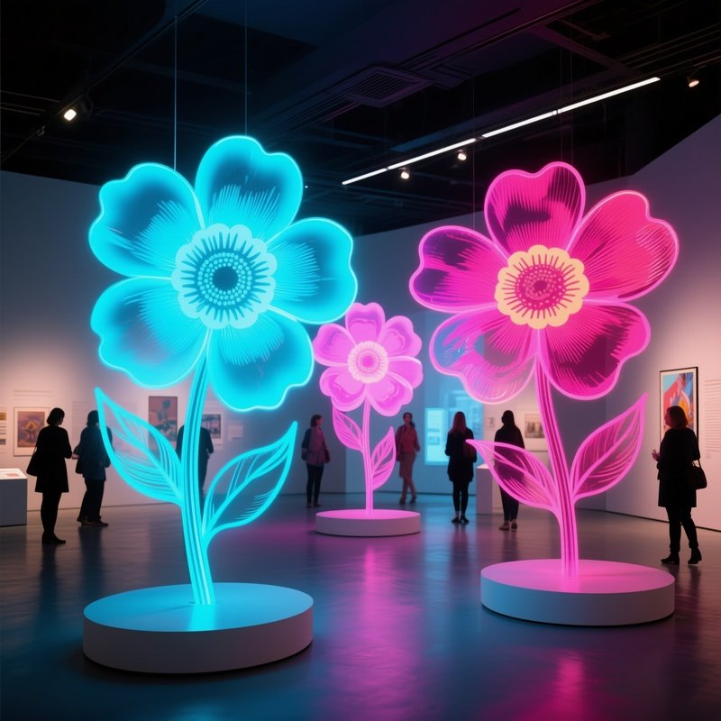 A Futuristic Museum Exhibit Showcasing Holographic Pop‑Art Flower Installations That Shift Colors