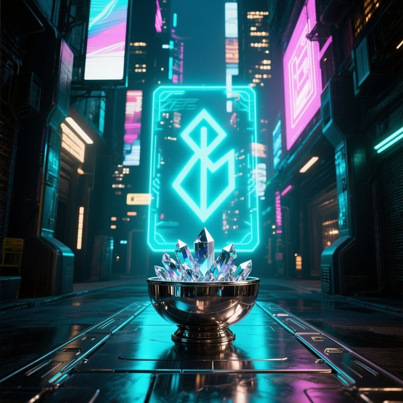 A Futuristic Neon Alley Altar Under Holographic Billboards, Glowing Glyphs Projected Onto Metal