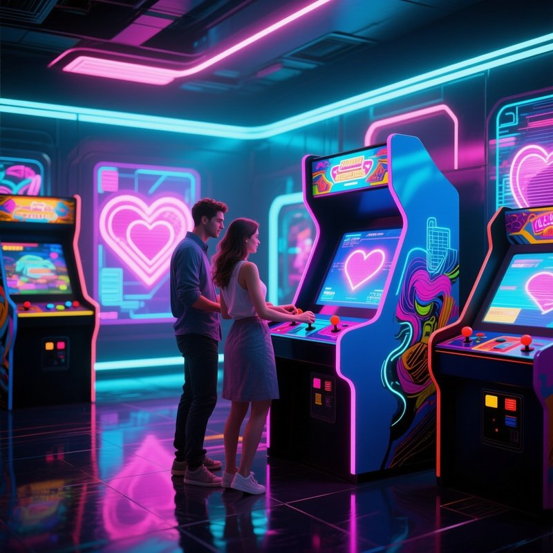 A Futuristic Neon‑Lit Arcade Where Holographic Art Displays Surround A Couple Playing An