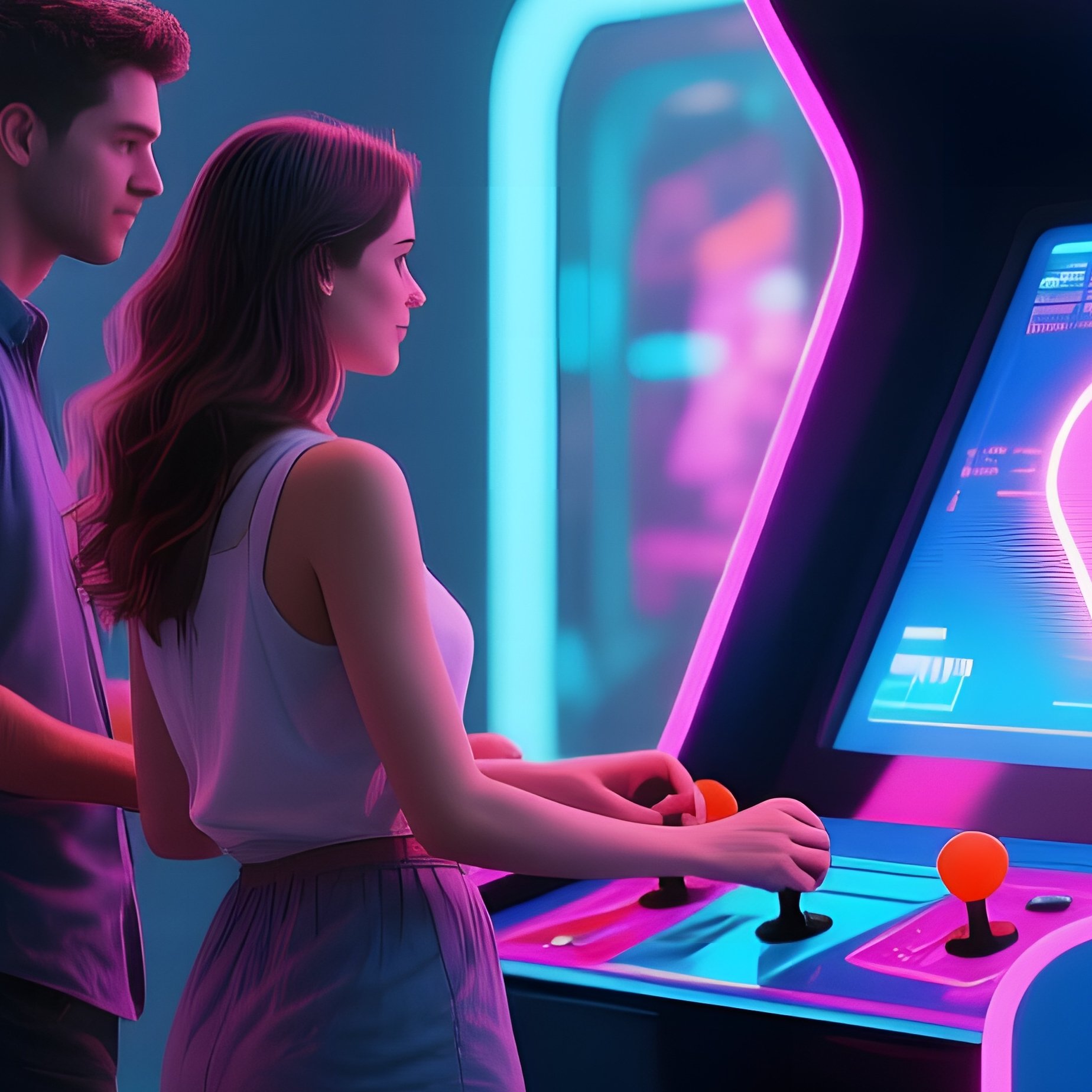 A Futuristic Neon‑Lit Arcade Where Holographic Art Displays Surround A Couple Playing An - Full Resolution Quality Preview