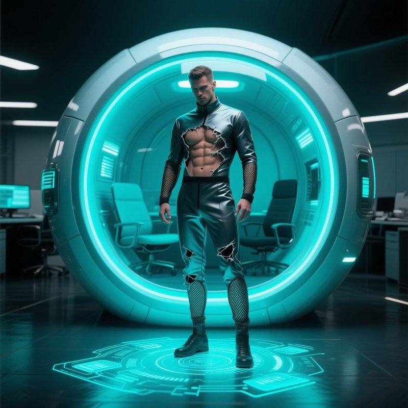 A Futuristic Pod Office Capsule, A Ripped Man In A Sleek Jumpsuit With Breathable Mesh Revealing