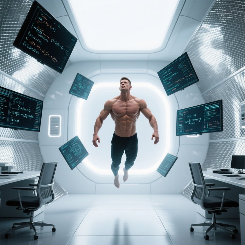 A Futuristic Pod Office Where A Six‑Pack Man Floats In Zero‑Gravity, Surrounded By Floating Screens