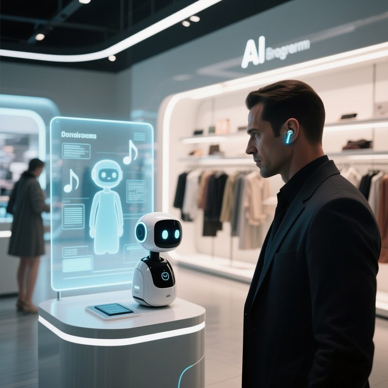 A Futuristic Retail Store With Interactive Holographic Displays, Soft Ambient Music, A Shopper’S