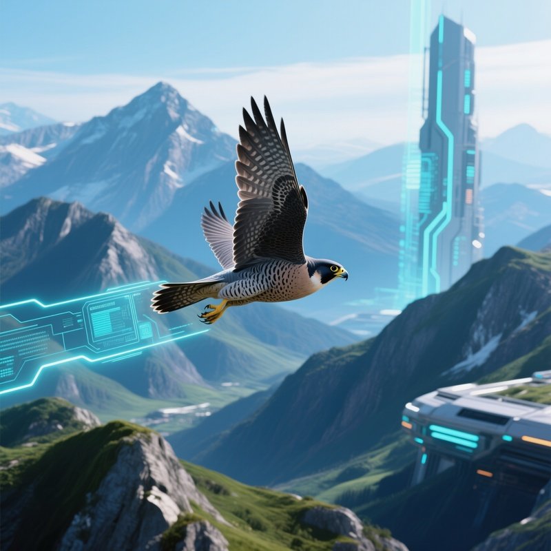 A Futuristic Scene With A Bird Peregrine Falcon Gleaming Above Mountain Peaks