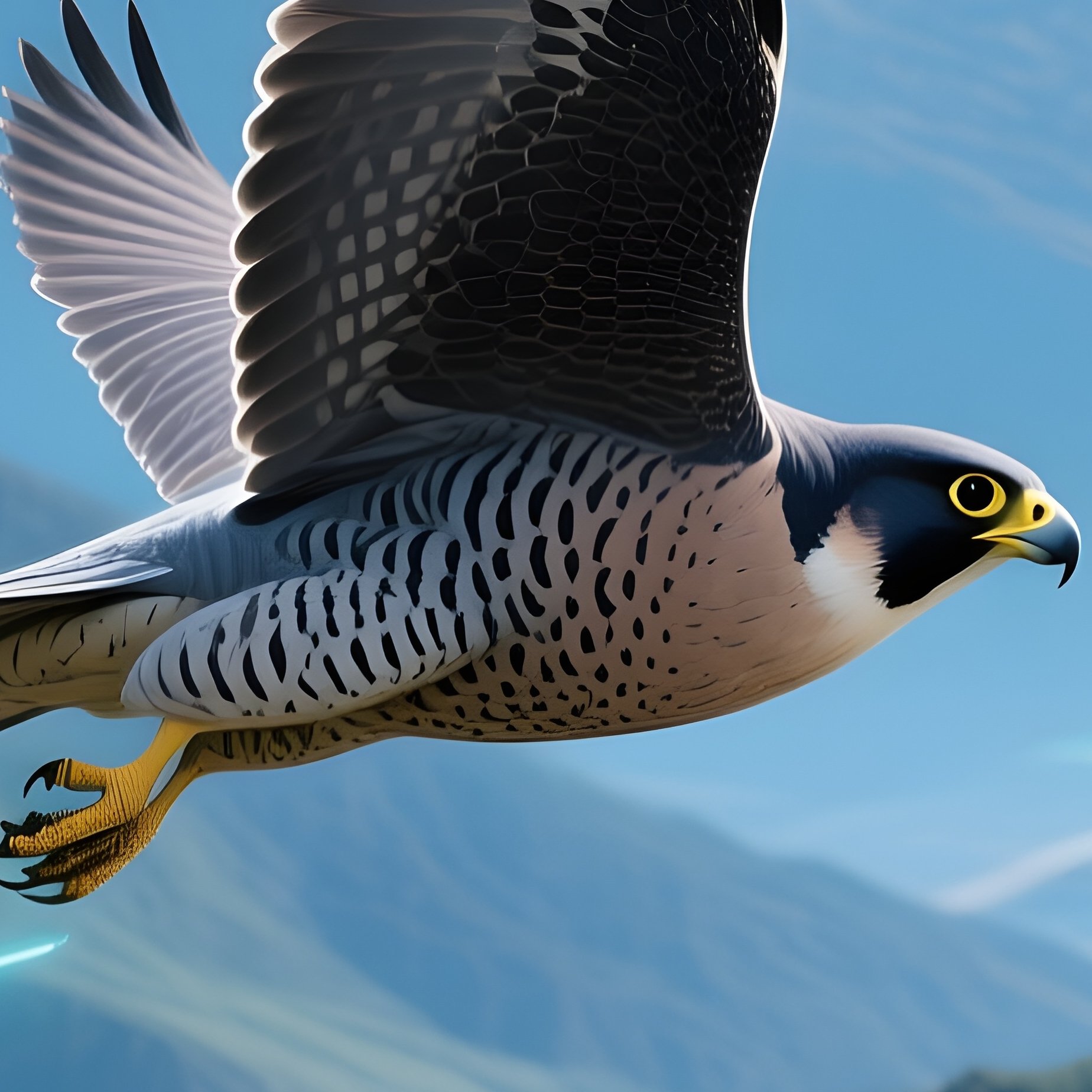 A Futuristic Scene With A Bird Peregrine Falcon Gleaming Above Mountain Peaks - Full Resolution Quality Preview