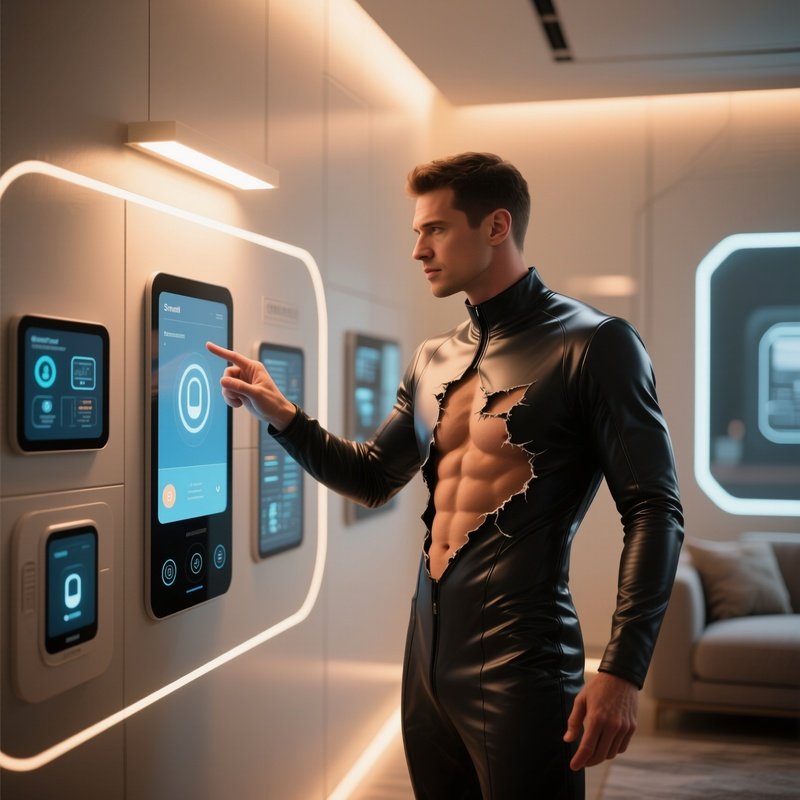 A Futuristic Smart‑Home Control Center With Touch Panels Embedded In Walls, A Ripped Man In A Sleek