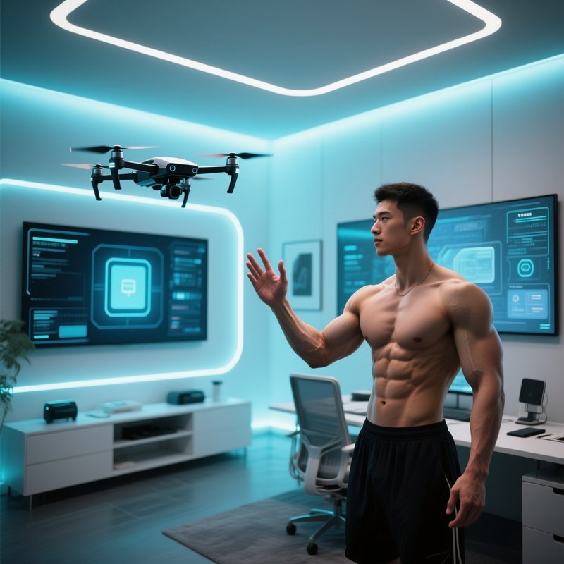 A Futuristic Smart Home Office With Walls That Become Screens, A Fit Tech Enthusiast Interacting