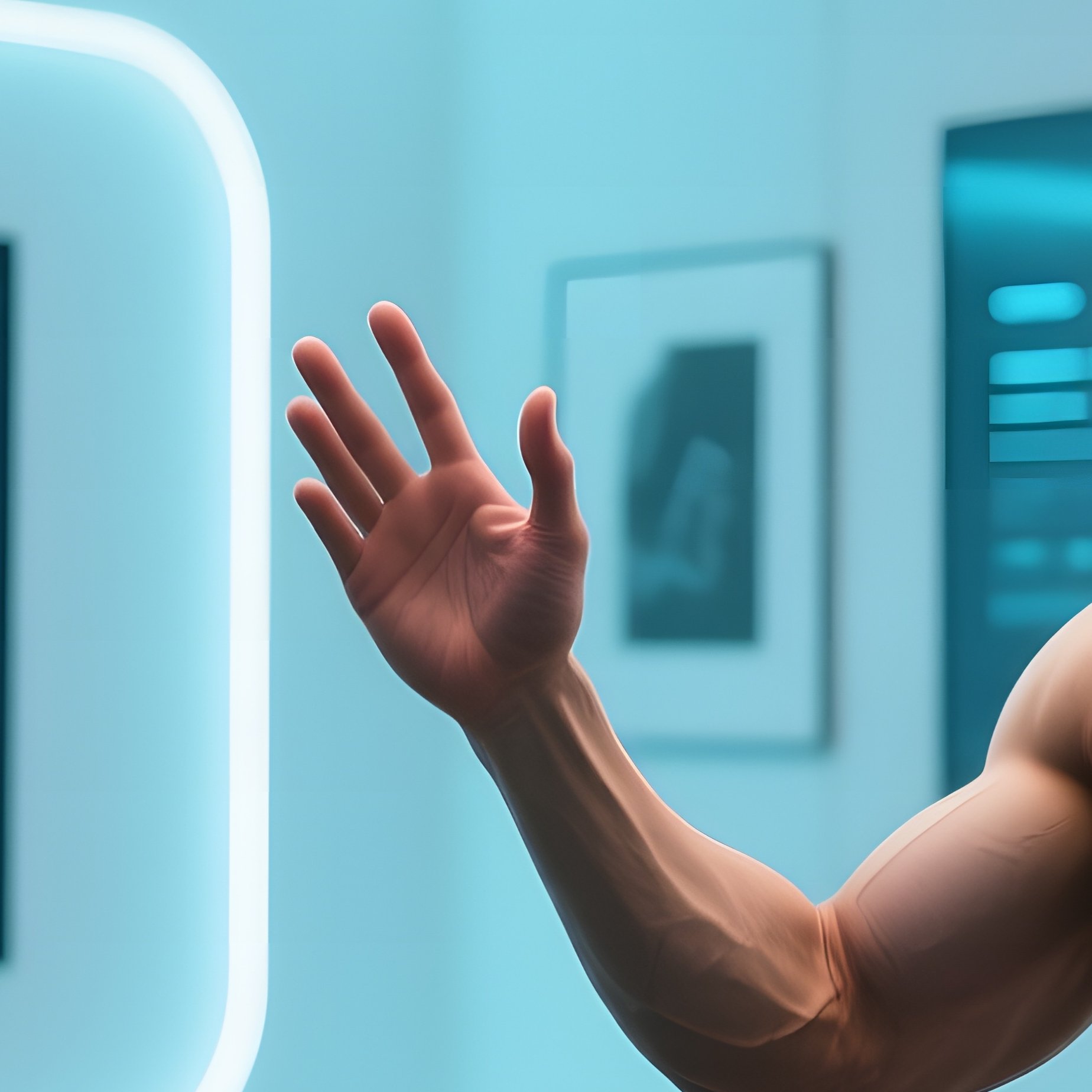 A Futuristic Smart Home Office With Walls That Become Screens, A Fit Tech Enthusiast Interacting - Full Resolution Quality Preview