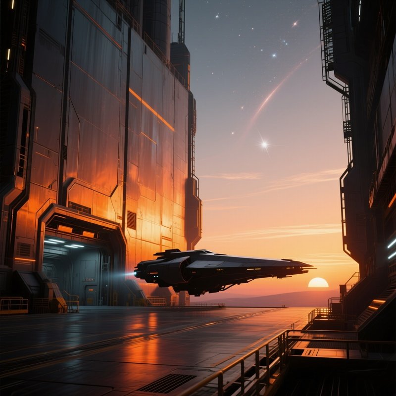 A Futuristic Space Station Docking Bay At Sunrise, Metallic Clay Walls Reflecting A Warm Orange