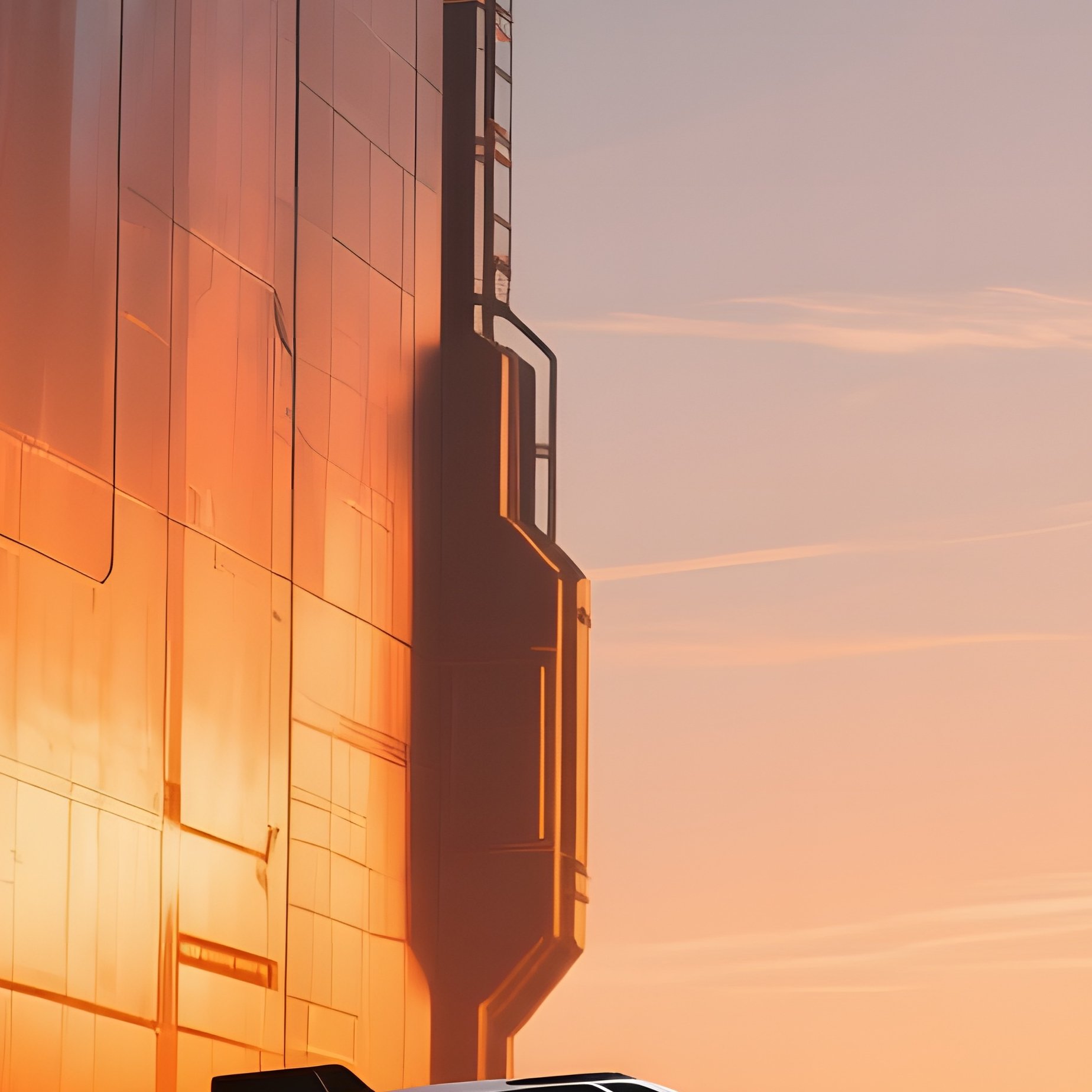 A Futuristic Space Station Docking Bay At Sunrise, Metallic Clay Walls Reflecting A Warm Orange - Full Resolution Quality Preview