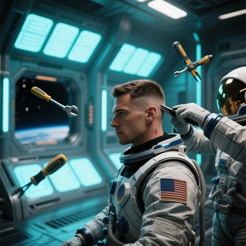 A Futuristic Space Station Docking Bay With Glowing Panels; An Astronaut Gets His Hair Shaved Into