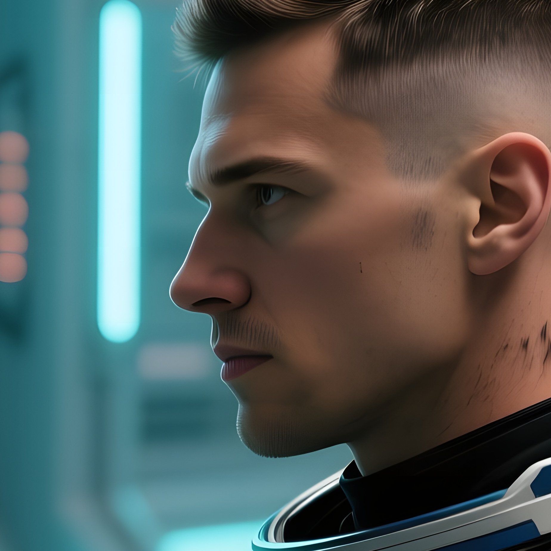 A Futuristic Space Station Docking Bay With Glowing Panels; An Astronaut Gets His Hair Shaved Into - Full Resolution Quality Preview
