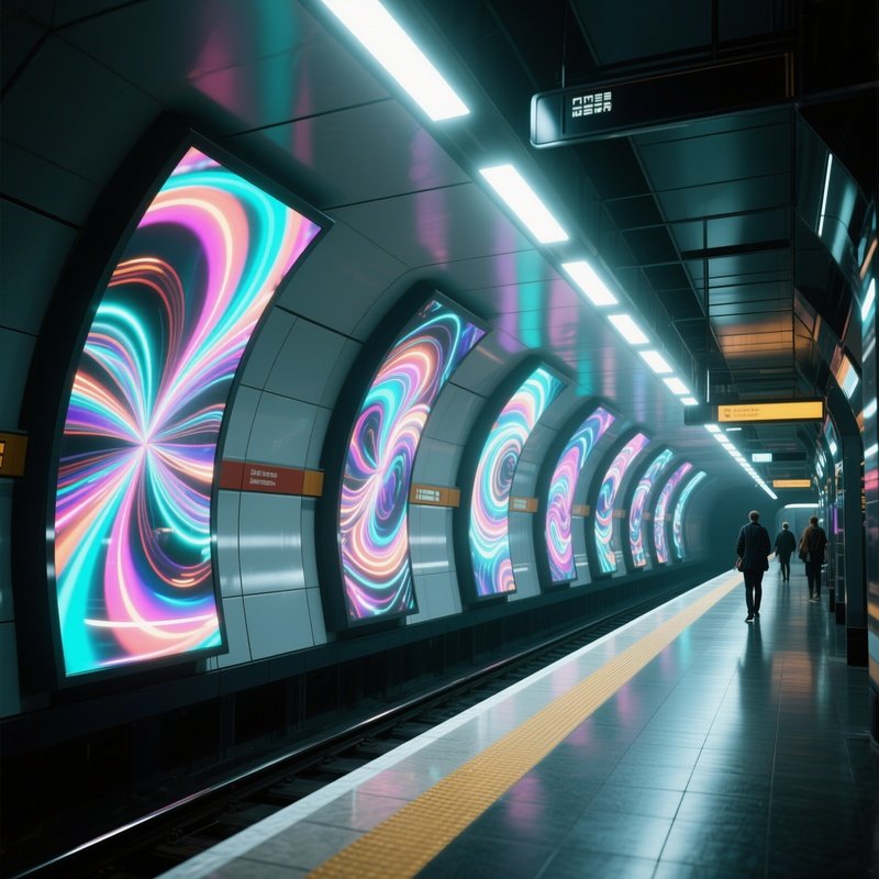 A Futuristic Subway Station Platform Adorned With Kinetic Art Panels That Rotate Slowly, Reflecting