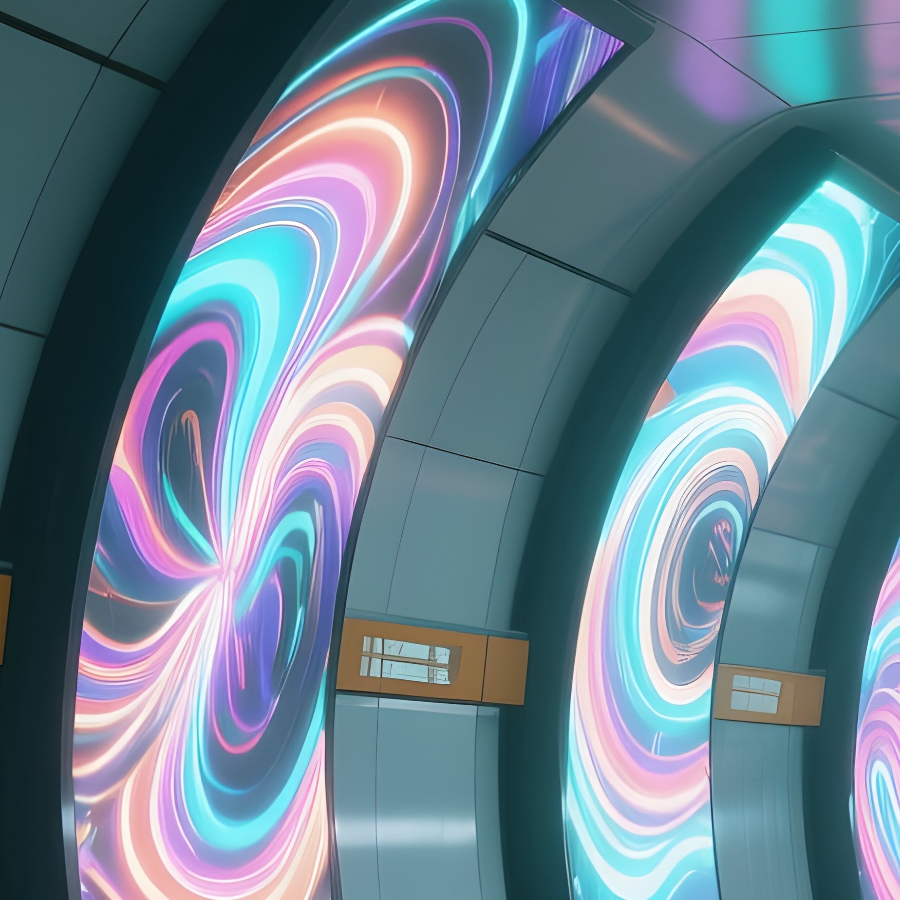 A Futuristic Subway Station Platform Adorned With Kinetic Art Panels That Rotate Slowly, Reflecting - Full Resolution Quality Preview