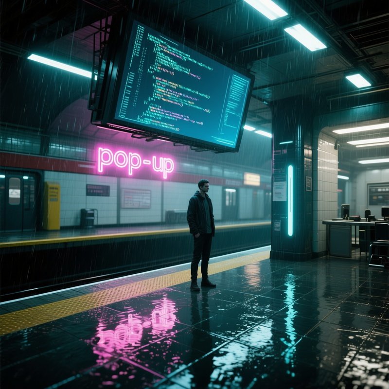 A Futuristic Subway Station Turned Pop‑Up Office, Neon Signage Reflected On Wet Tiles, A Toned