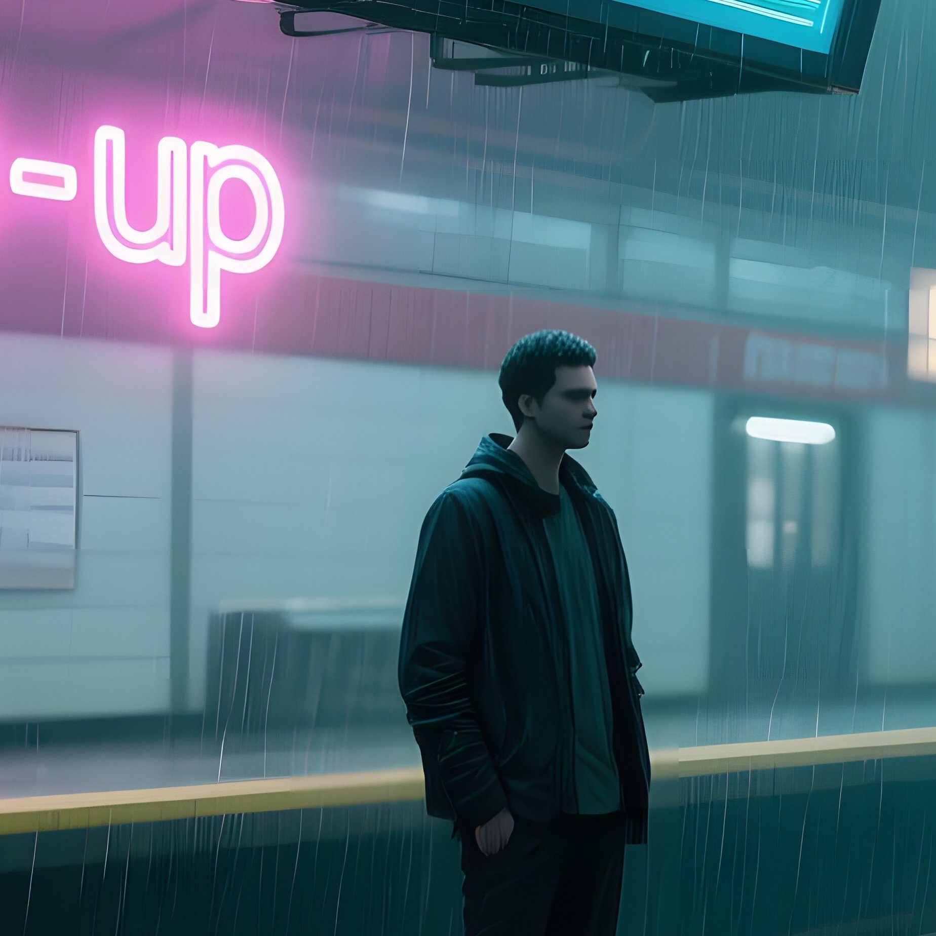 A Futuristic Subway Station Turned Pop‑Up Office, Neon Signage Reflected On Wet Tiles, A Toned - Full Resolution Quality Preview