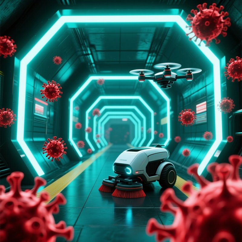 A Futuristic Subway Tunnel Lit By Pulsating Neon Strips, Where Autonomous Cleaning Drones Avoid