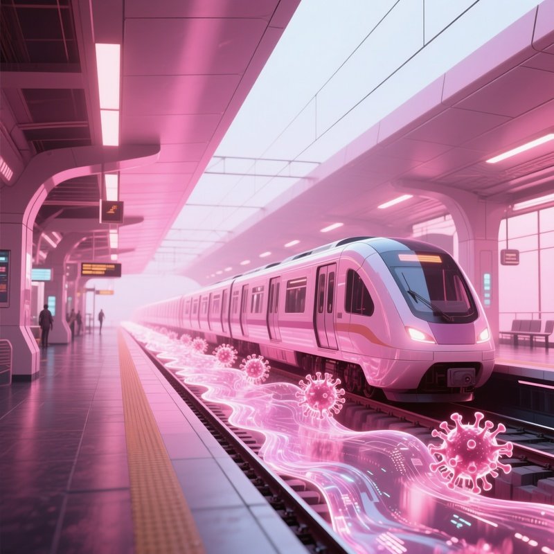 A Futuristic Train Station Platform Bathed In Soft Pink Light, Where Transparent Data Streams Flow