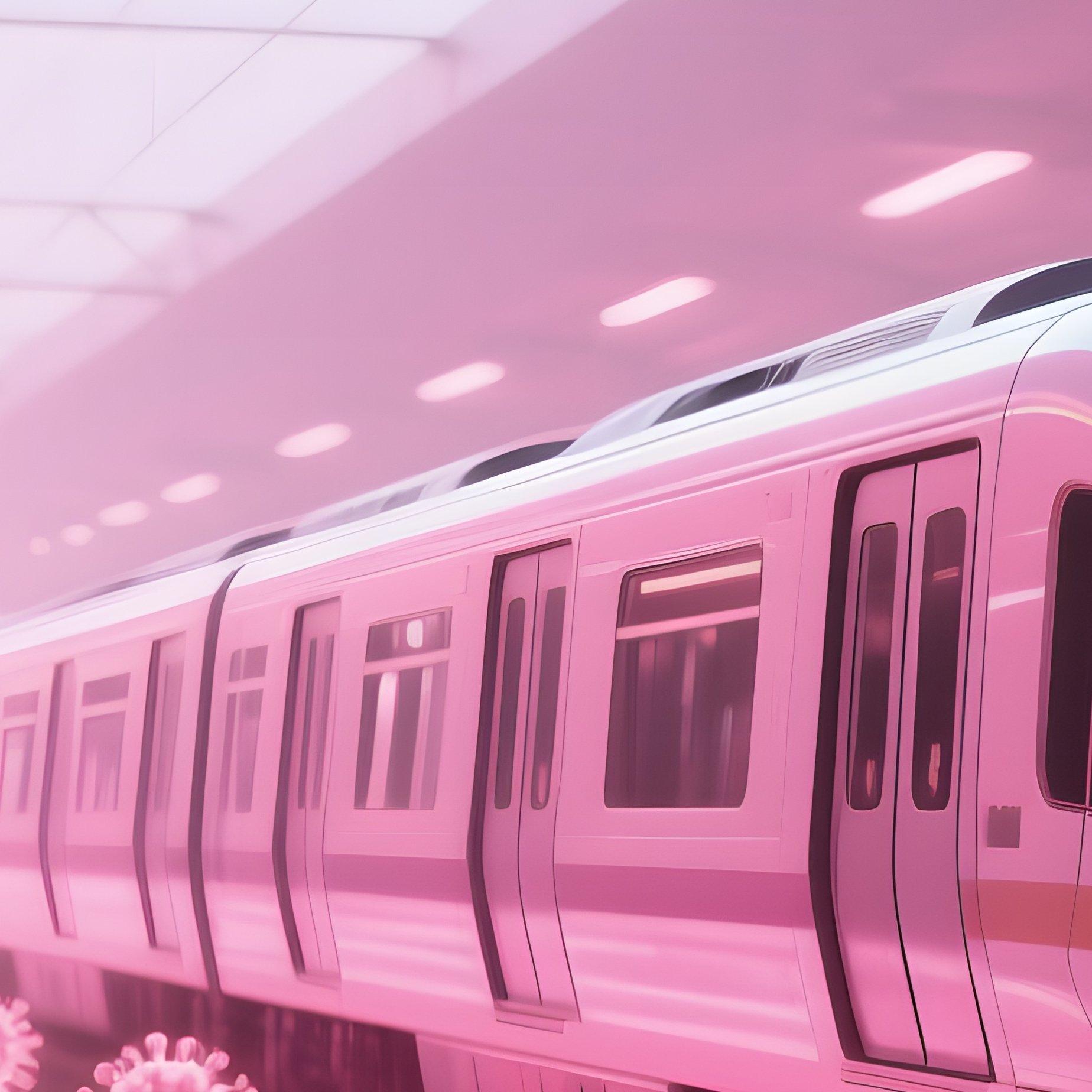 A Futuristic Train Station Platform Bathed In Soft Pink Light, Where Transparent Data Streams Flow - Full Resolution Quality Preview