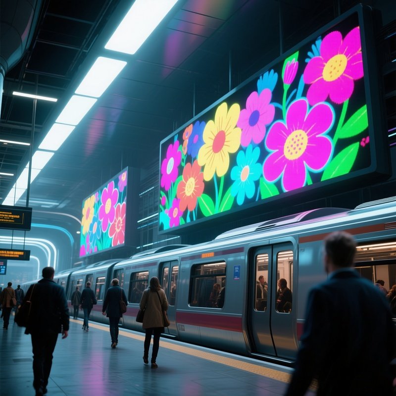 A Futuristic Train Station With Large Digital Billboards Projecting Animated Pop‑Art Flowers In