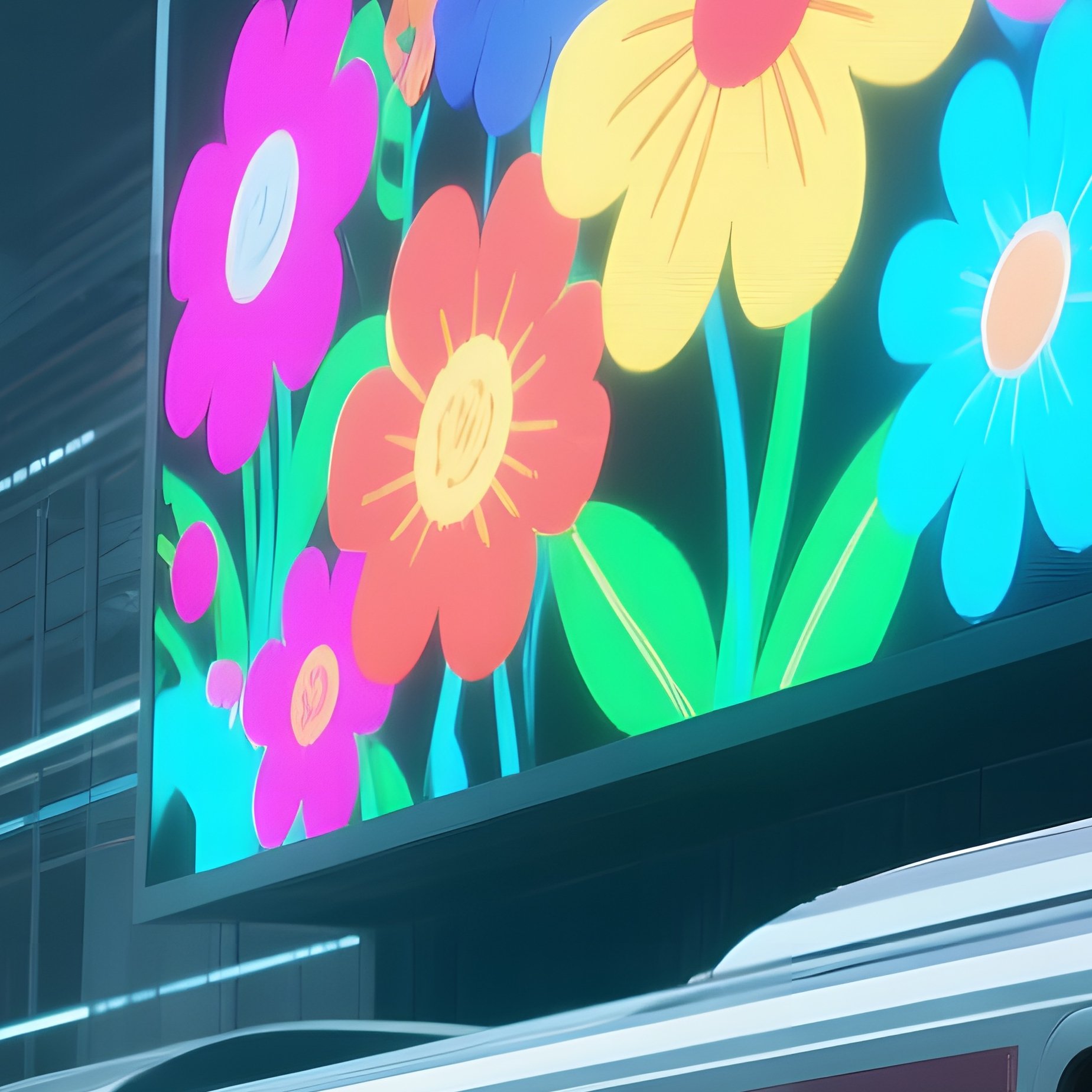 A Futuristic Train Station With Large Digital Billboards Projecting Animated Pop‑Art Flowers In - Full Resolution Quality Preview