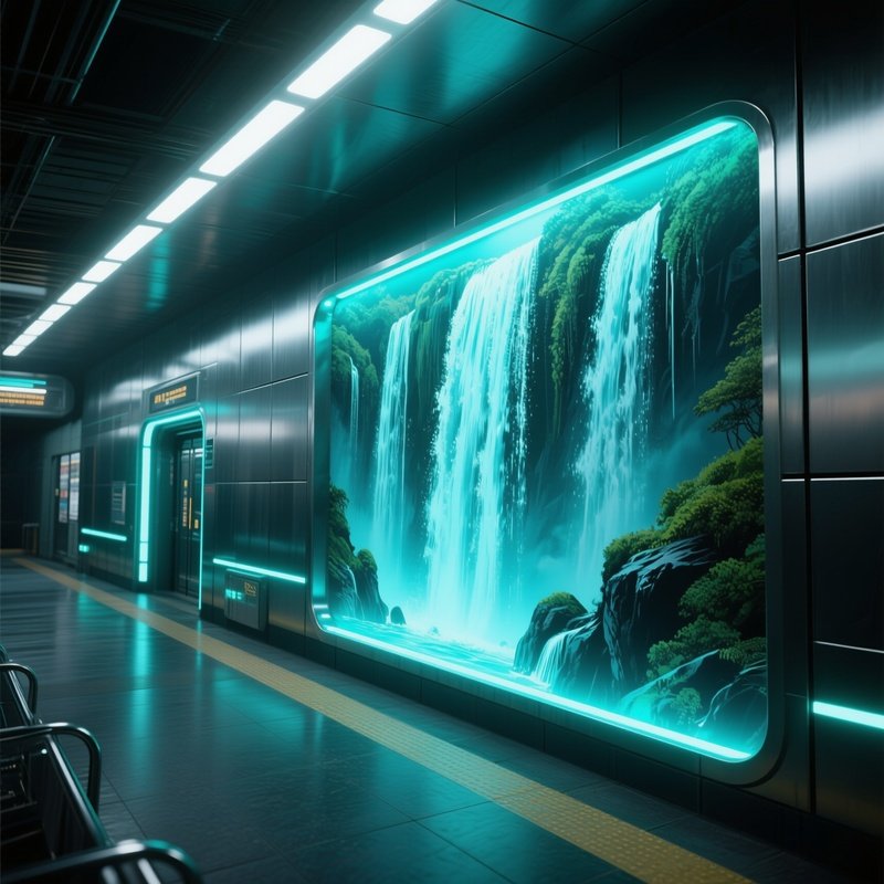 A Futuristic Underground Transit Hub, Sleek Metallic Walls Being Covered With A Photorealistic