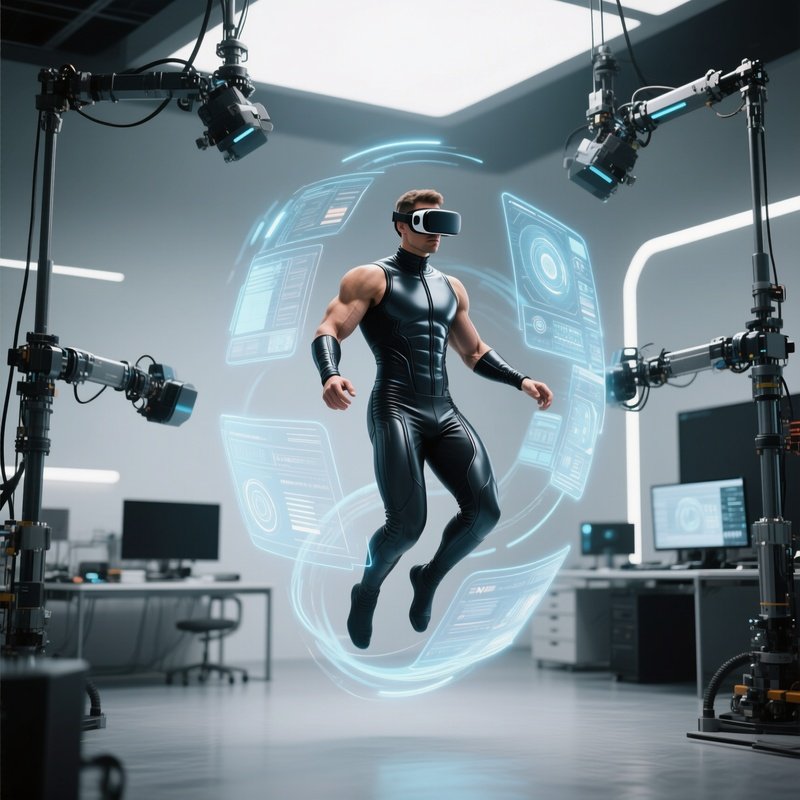 A Futuristic Vr Development Studio With Motion Capture Rigs, A Muscular Creator Wearing A Sleek