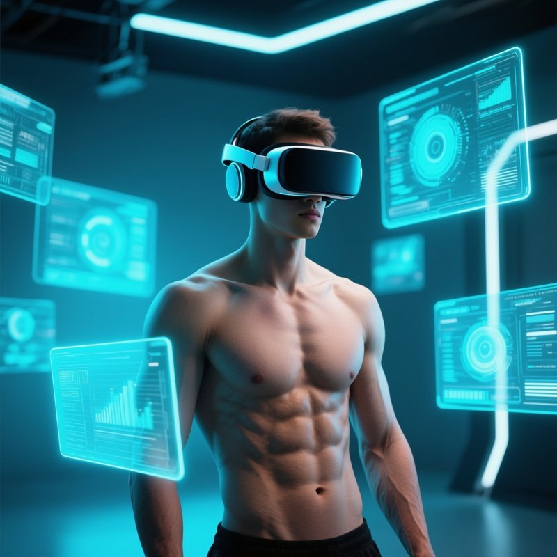A Futuristic Vr Studio, A Fit Man Wearing A Sleek Headset, His Torso Exposed, Surrounded By