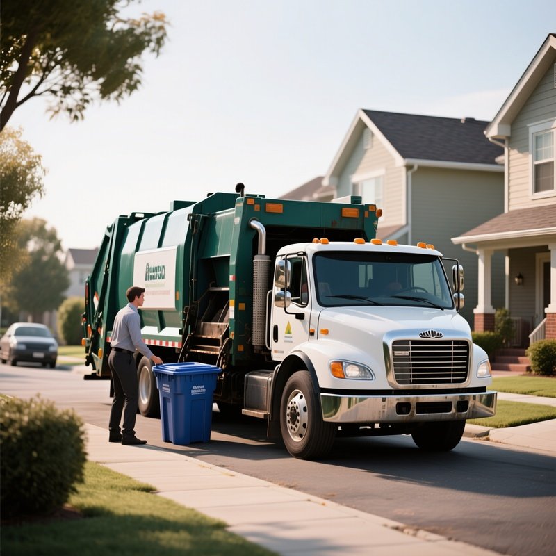 A Garbage Collection Truck Lifting Bins In A Residential Neighborhood