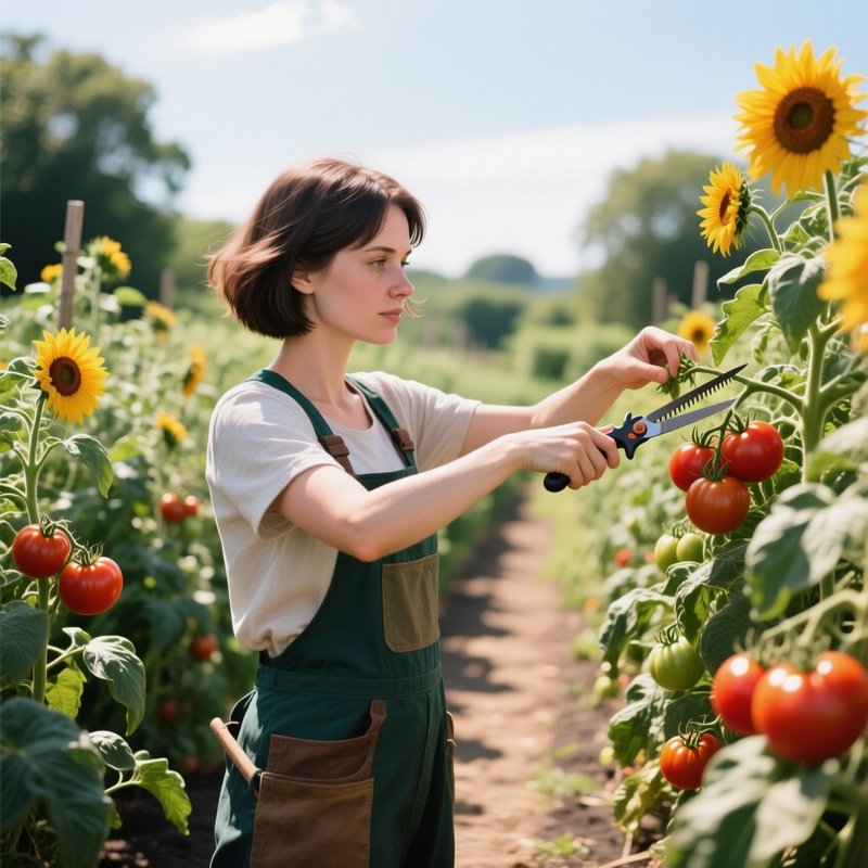A Gardener With A Practical Bob Trims Her Hair Among Rows Of Tomatoes And Sunflowers, Midday Sun