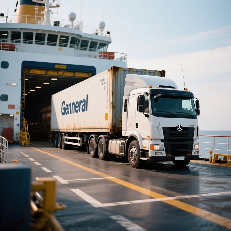 A General Cargo Truck Parked On A Ferry Deck During Loading