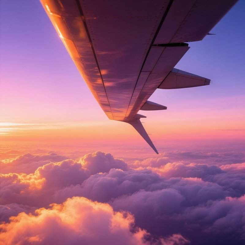 A Generic Airplane Wing Banking Over A Layer Of Clouds At Sunset