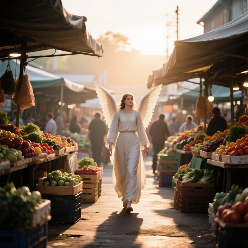 A Gentle Guardian Angel Walking Through A Bustling Farmer’S Market At Sunrise, Stalls Laden With