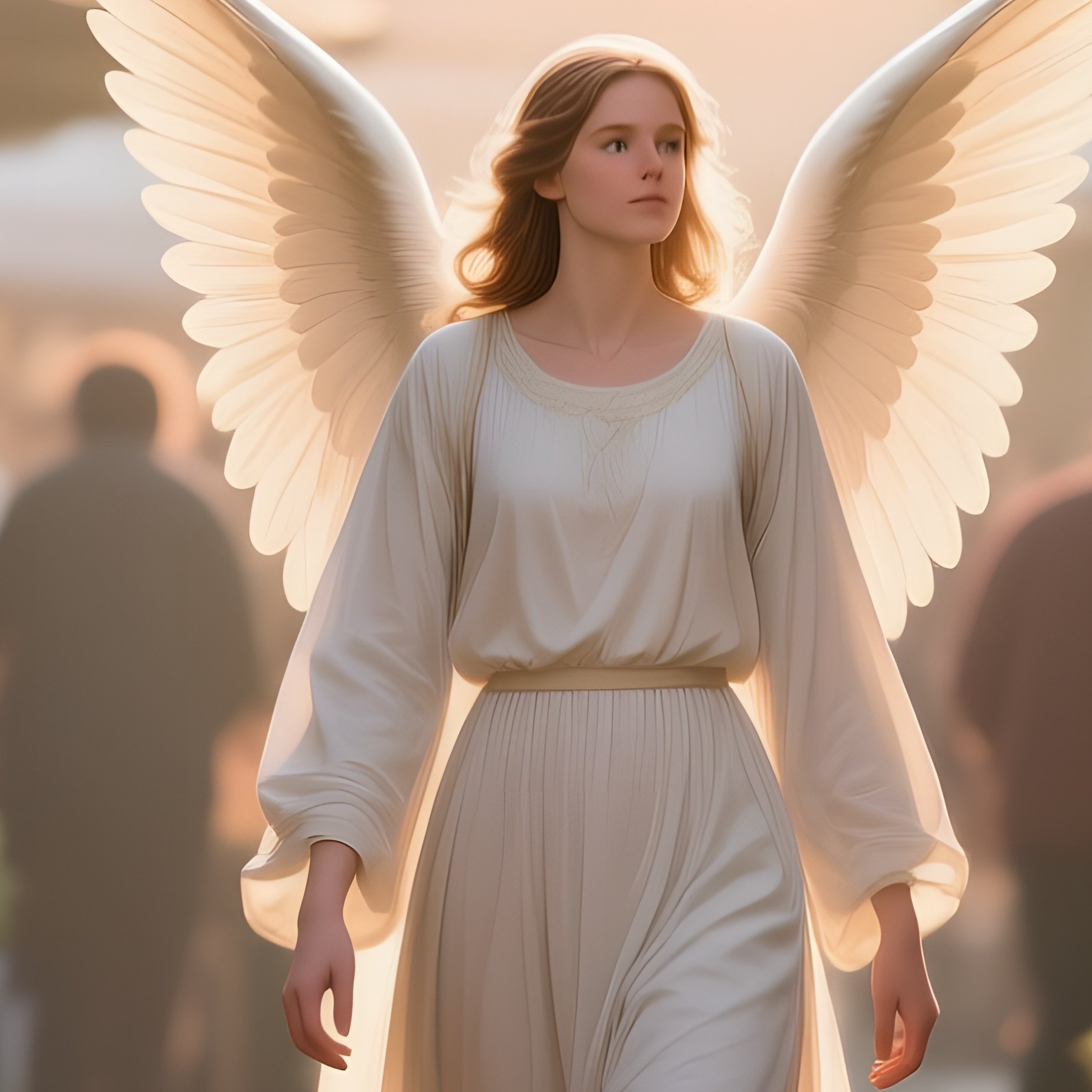 A Gentle Guardian Angel Walking Through A Bustling Farmer’S Market At Sunrise, Stalls Laden With - Full Resolution Quality Preview