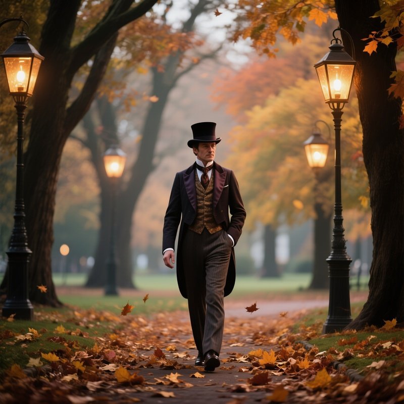 A Gentleman In A Silk Top Hat Strolls Through An Autumnal Park, Leaves Crunching Underfoot,