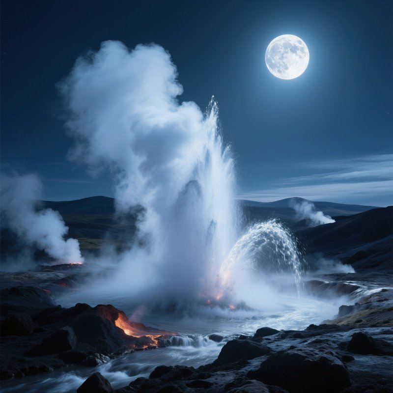 A Geothermal Geyser Erupting Under Moonlight