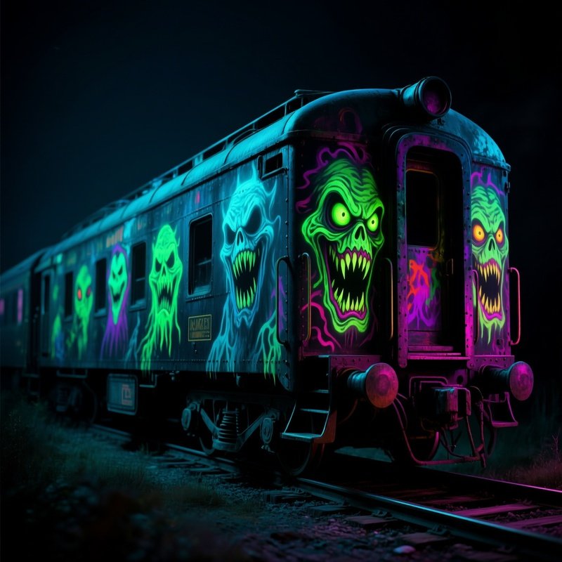 A Ghost Train Painted With Monster Faces Under Blacklight