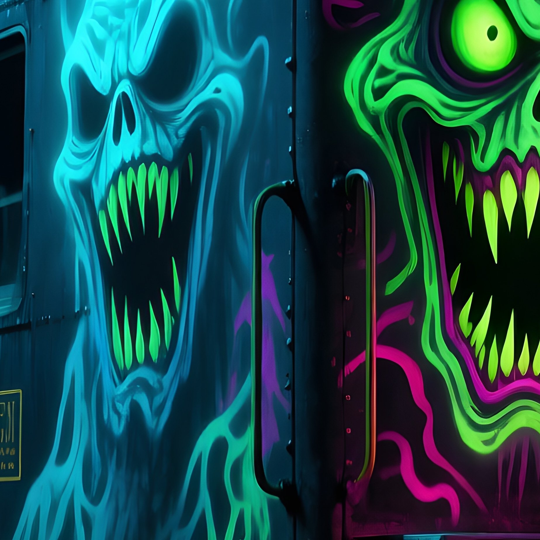 A Ghost Train Painted With Monster Faces Under Blacklight - Full Resolution Quality Preview