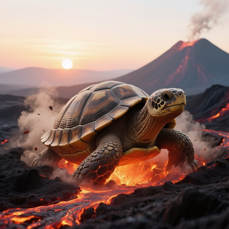 A Giant Clay Turtle Emerging From A Volcanic Crater At Sunrise, Molten Lava Glowing Around Its