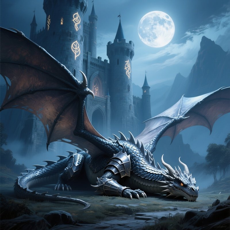 A Giant Dragon Sleeping Under A Moonlit Castle
