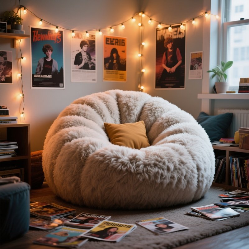 A Giant, Fluffy Faux Fur Bean Bag Chair Placed In A Teenager’S Chill Out Zone, Surrounded By Warm String Lights, Band Posters, And A Casual Scattering Of Magazines.