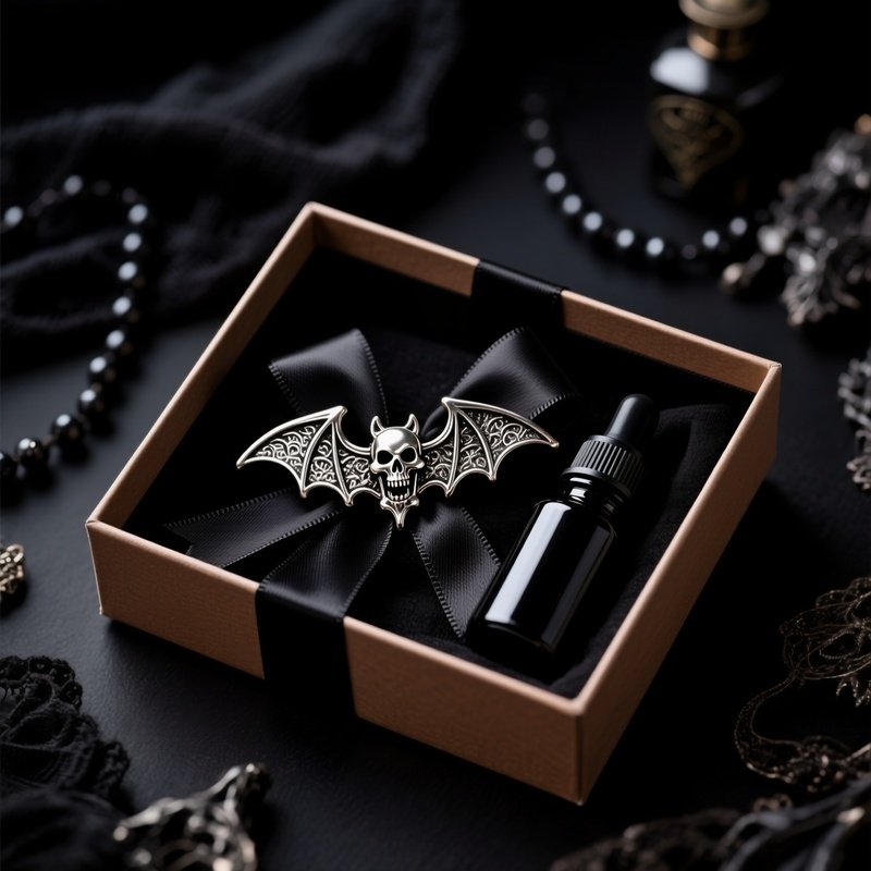 A Gift Box Containing A Bat Themed Accessory And Other Items
