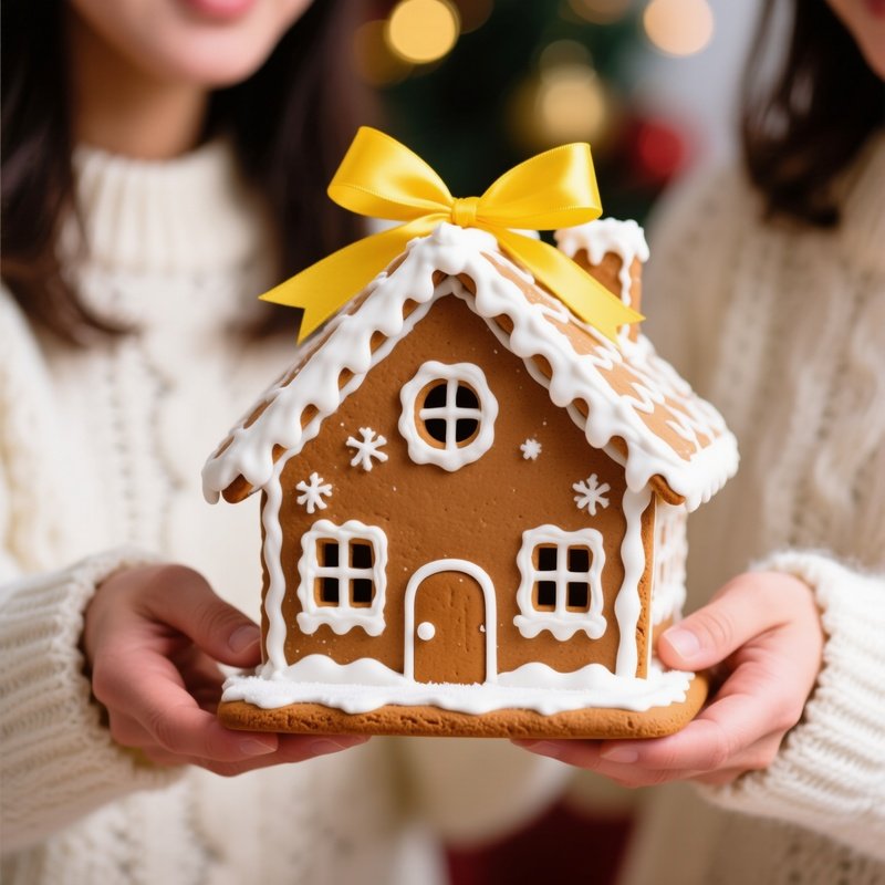 A Gingerbread House Being Held By Two People Gingerbread Holiday