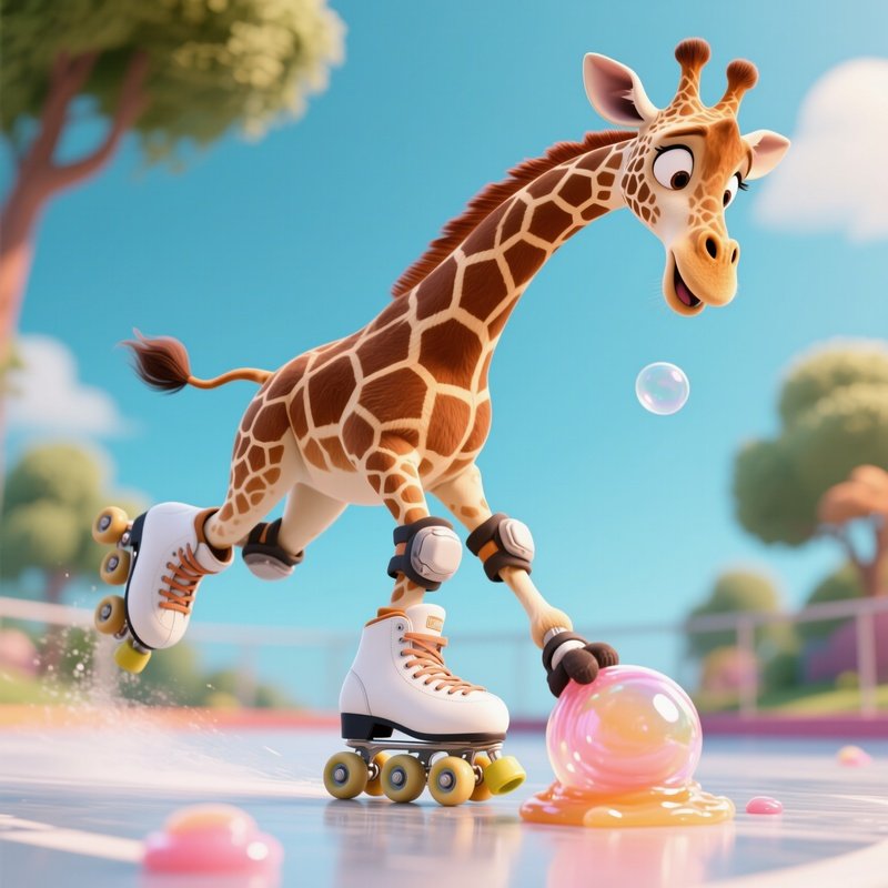 A Giraffe With Roller Skates Stuck In Bubblegum