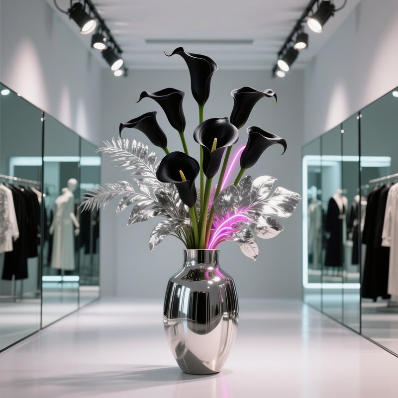 A Glamorous Fashion Studio With Mirrored Walls, Where A Sleek Metallic Vase Holds An Avant‑Garde